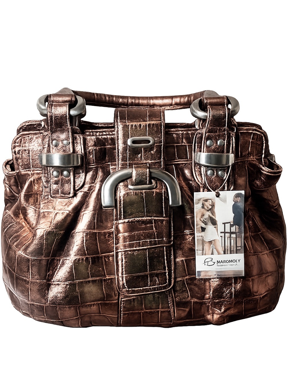b. makowsky Metallic Bronze Croc-Embossed Satchel with Silver Hardware